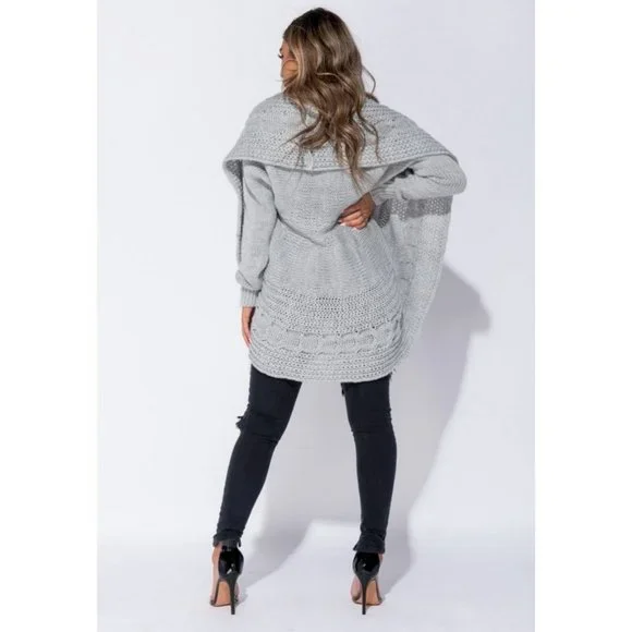 Grey Chunky Cable Knit Long Sleeve Shawl Collar Open Front Midi Cardigan - Picture 7 of 11